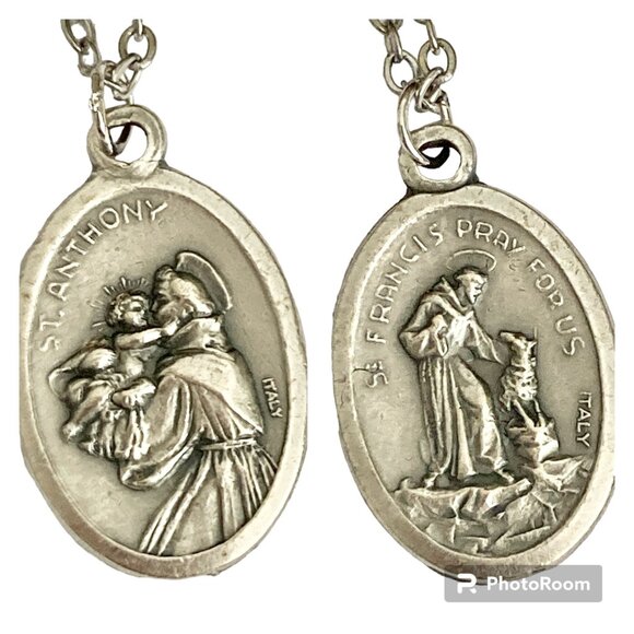 Vintage Saint Anthony Francis Medal Pendant Necklace Italy 18" Stainless Chain - Picture 2 of 15